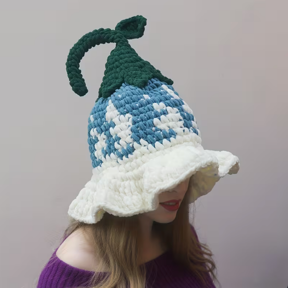 Hand Crocheted Wizard Hat for Women with Floral Stitching and Pointed Cone in Three Colors