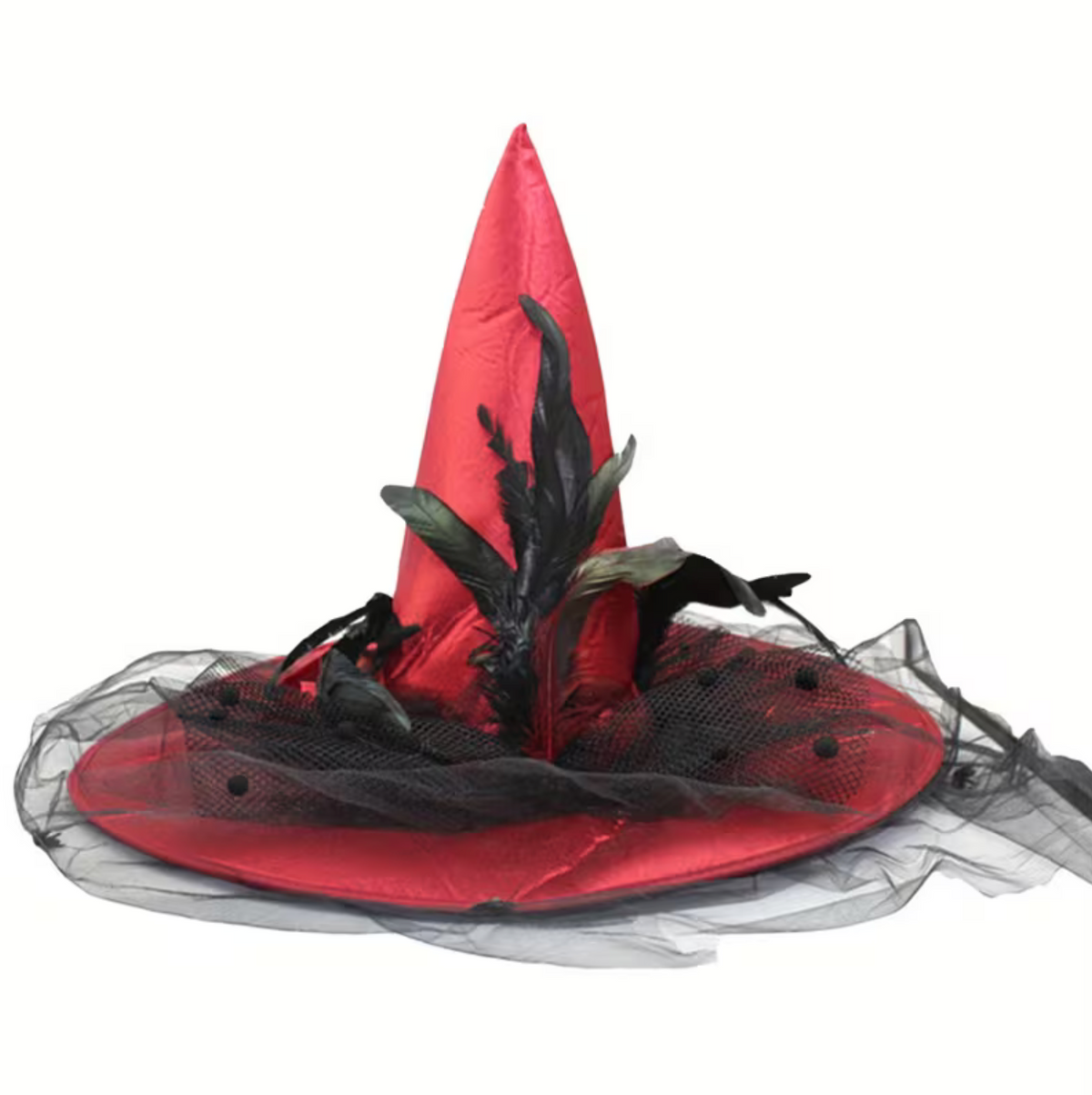 Tall Witch Hat with Sheer Veil, Wide Flat Brim, and Adjustable Sizing Band in Two Colors