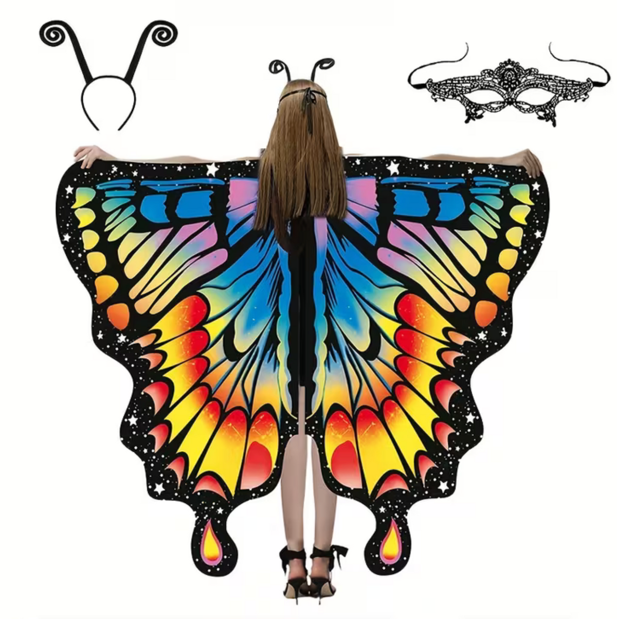 Butterfly Wing Shawl with Printed Patterns and Matching Headband for Costumes