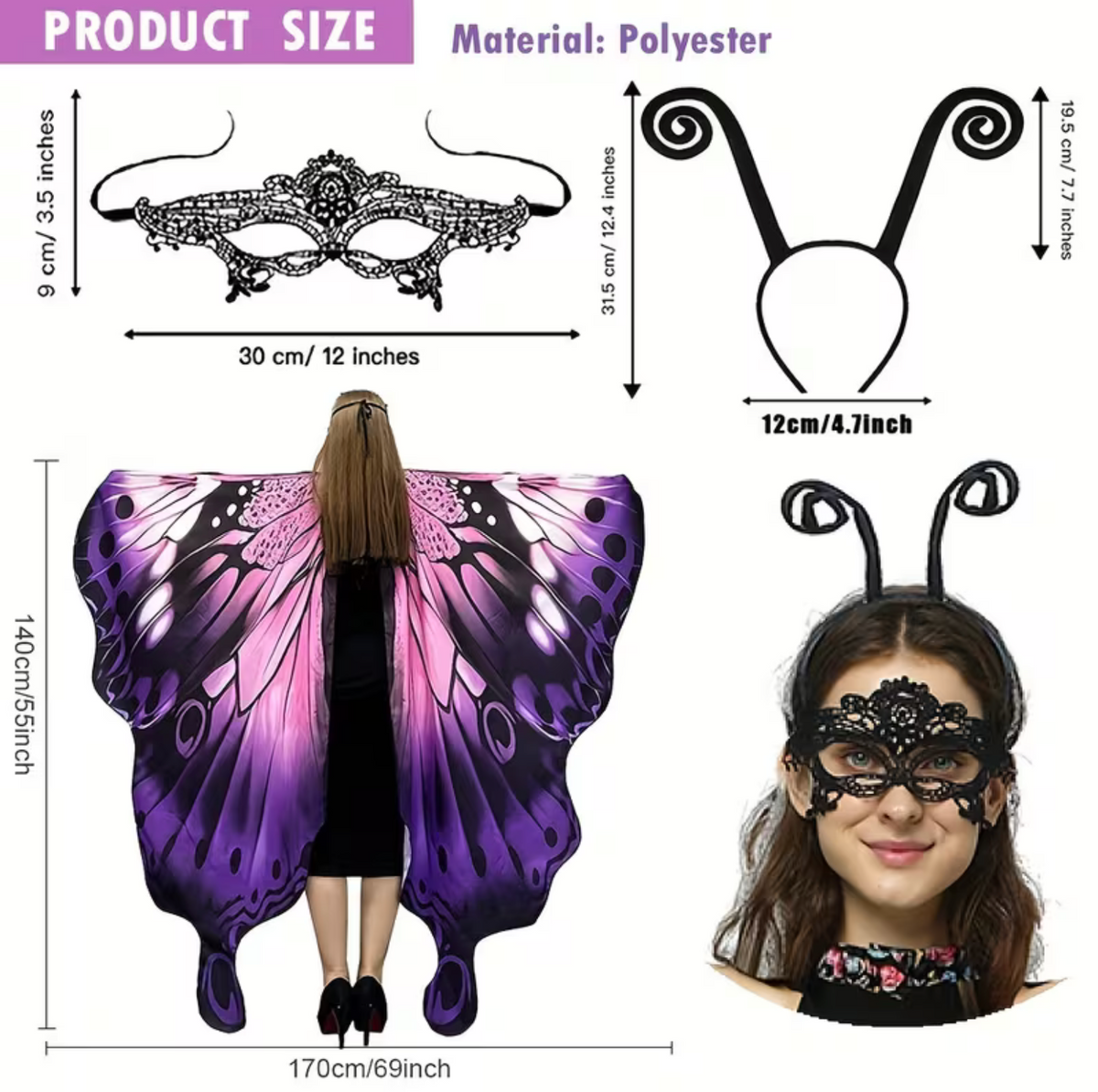 Butterfly Wing Shawl with Printed Patterns and Matching Headband for Costumes
