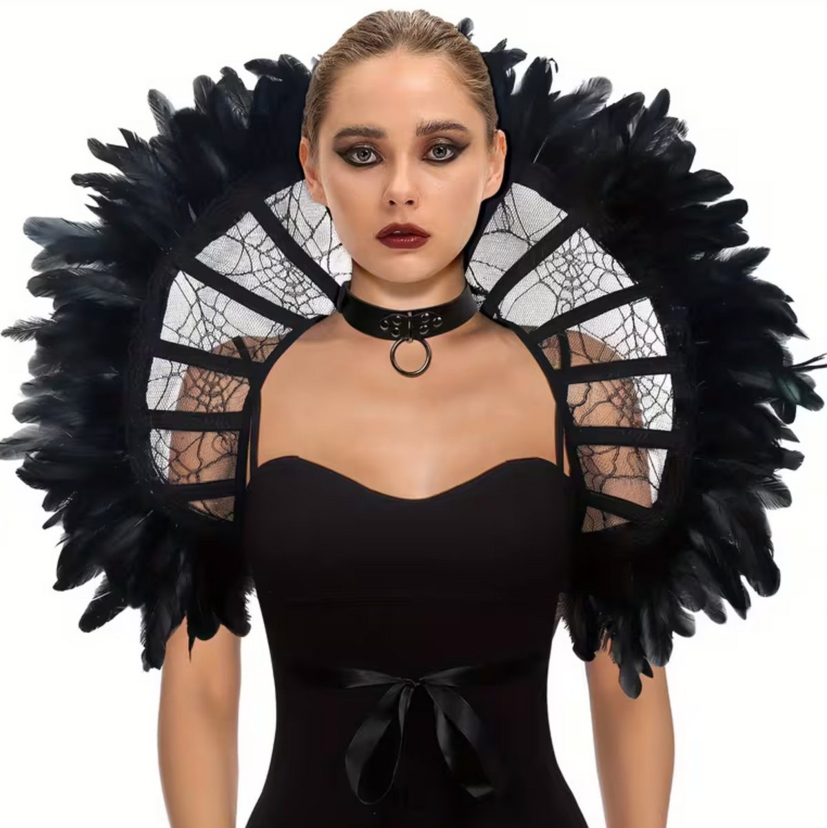 Black Lace Shoulder Cape with Bone and Feather Trim for Gothic Costumes