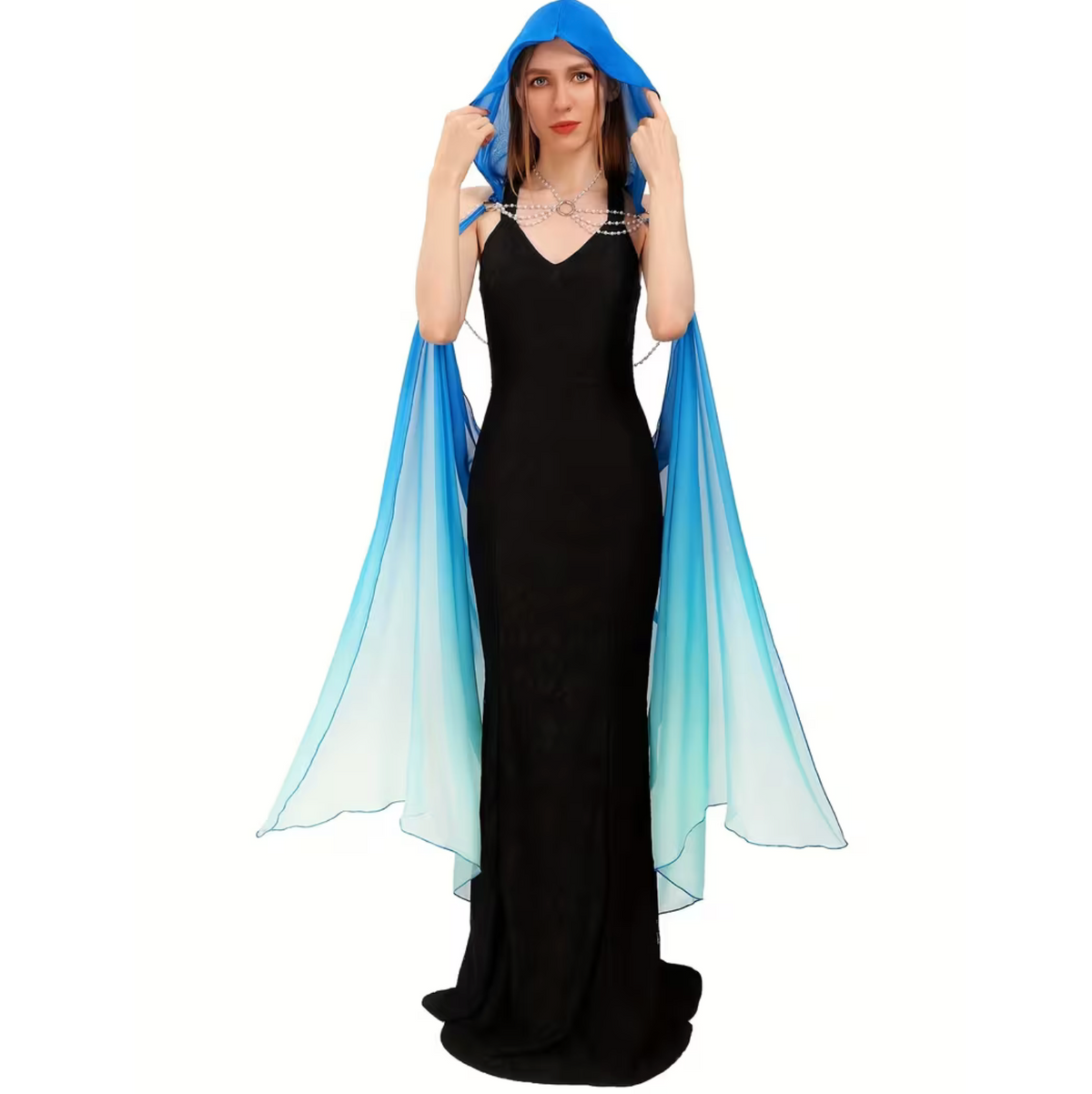 Hooded Tulle Cloak with Off Shoulder Capelet and Adjustable Hood for Women