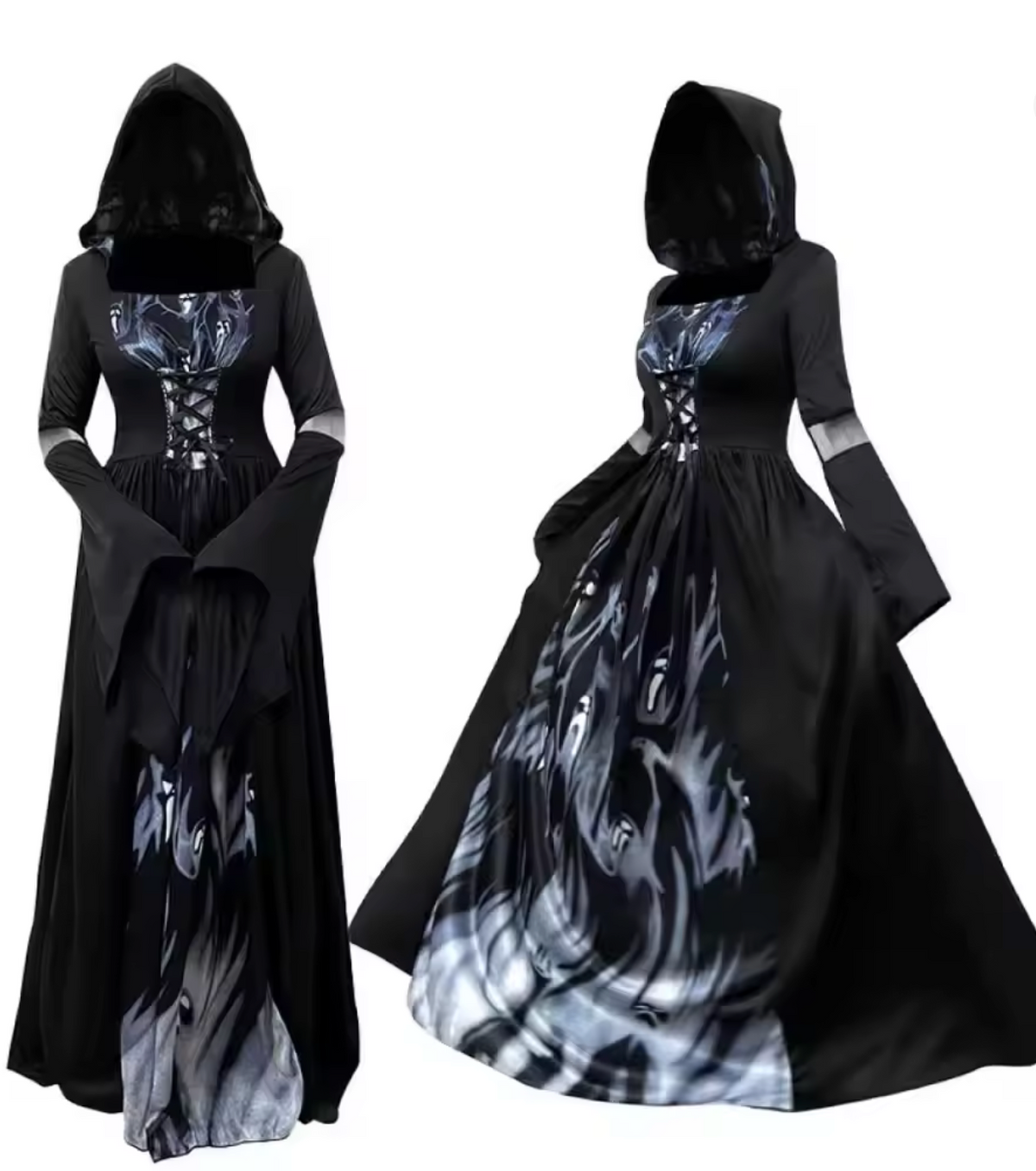 Gothic Witch Dress with Dramatic Bell Sleeves and Cinched Waist