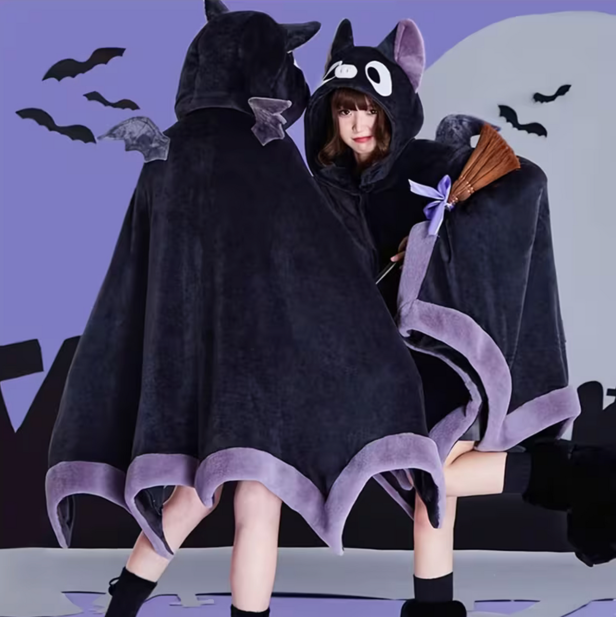 Bat Wing Cape Hoodie with Plush Fur and Hood, Purple One Size