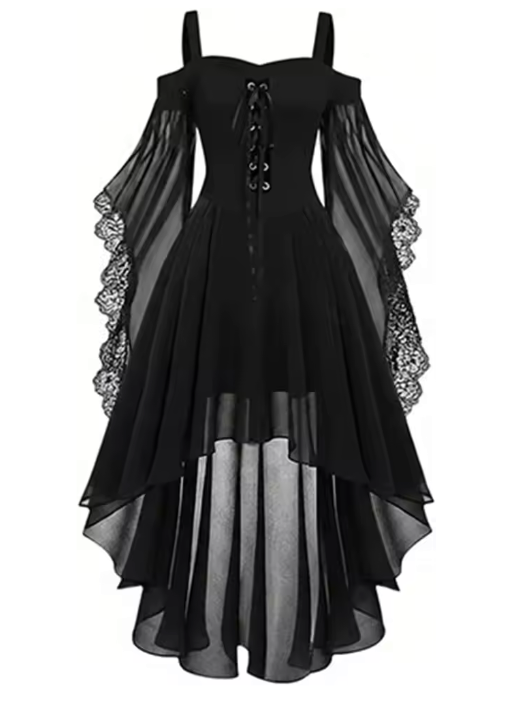 Gothic Witch Dress with Butterfly Sleeves and Mesh Fabric, Medieval Cut
