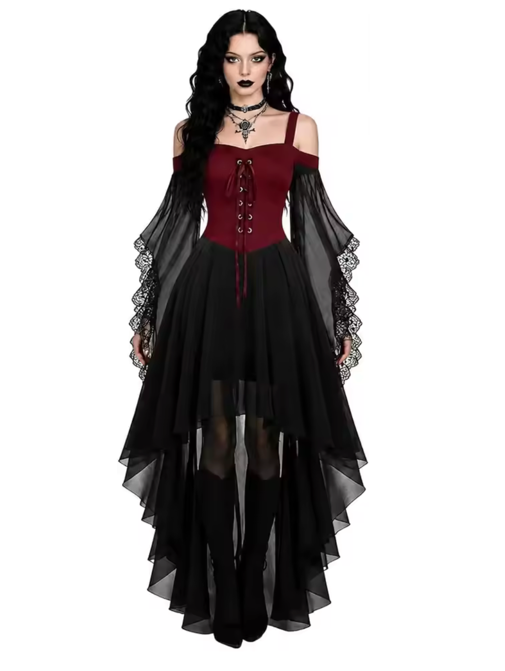 Gothic Witch Dress with Butterfly Sleeves and Mesh Fabric, Medieval Cut