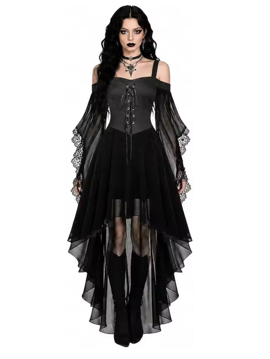 Gothic Witch Dress with Butterfly Sleeves and Mesh Fabric, Medieval Cut