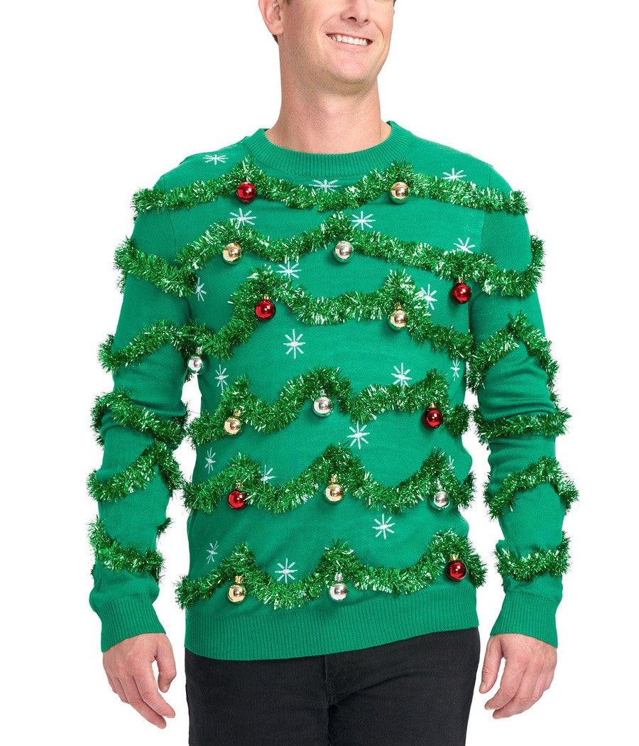 Mens Ugly Garland Christmas Sweater with Shiny Baubles and Tinsel Trim, Green Tree Design