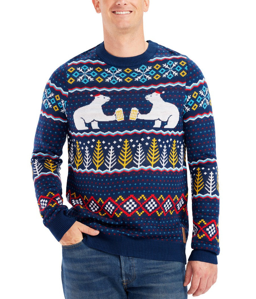 Mens Ugly Christmas Sweater with Polar Bears in Santa Hats Raising a Toast, Fair Isle Print