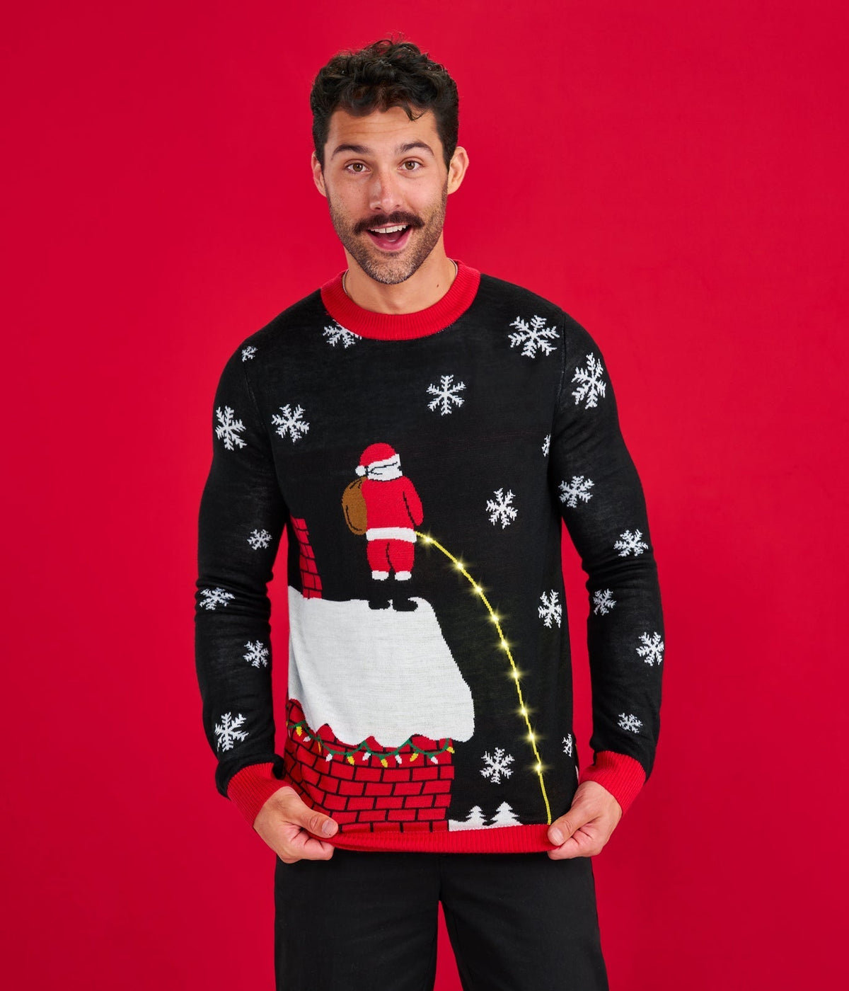 Mens Cheeky Santa Light Up Christmas Sweater with a Glowing Rooftop Stream