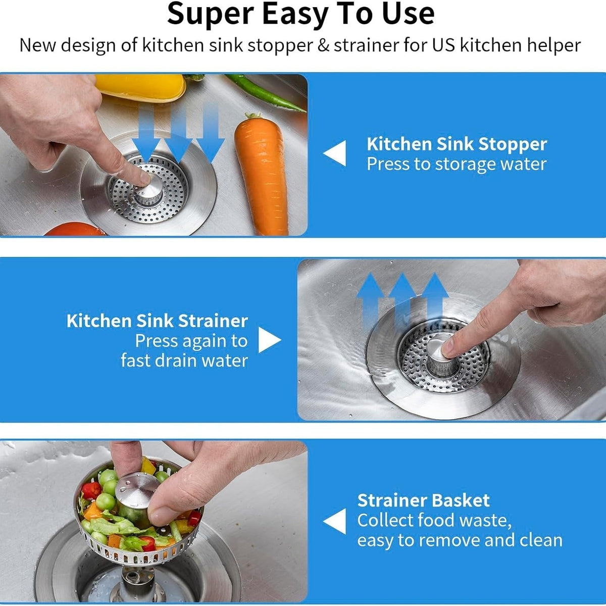 Pop Up Kitchen Sink Drain Strainer with Stainless Steel Basket Filter