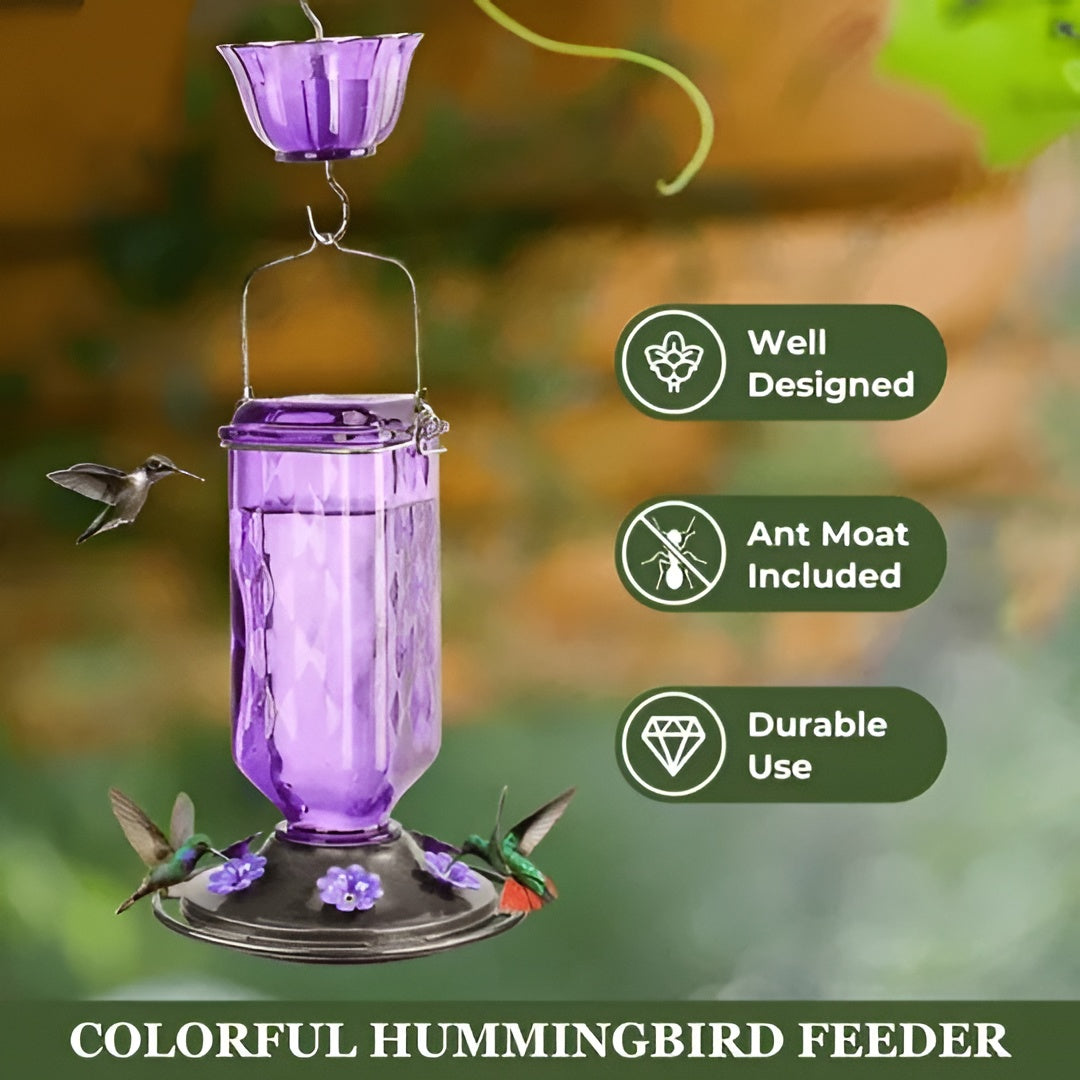 Glass Hummingbird Feeder with Six Feeding Ports and Built-in Ant Moat, 24oz