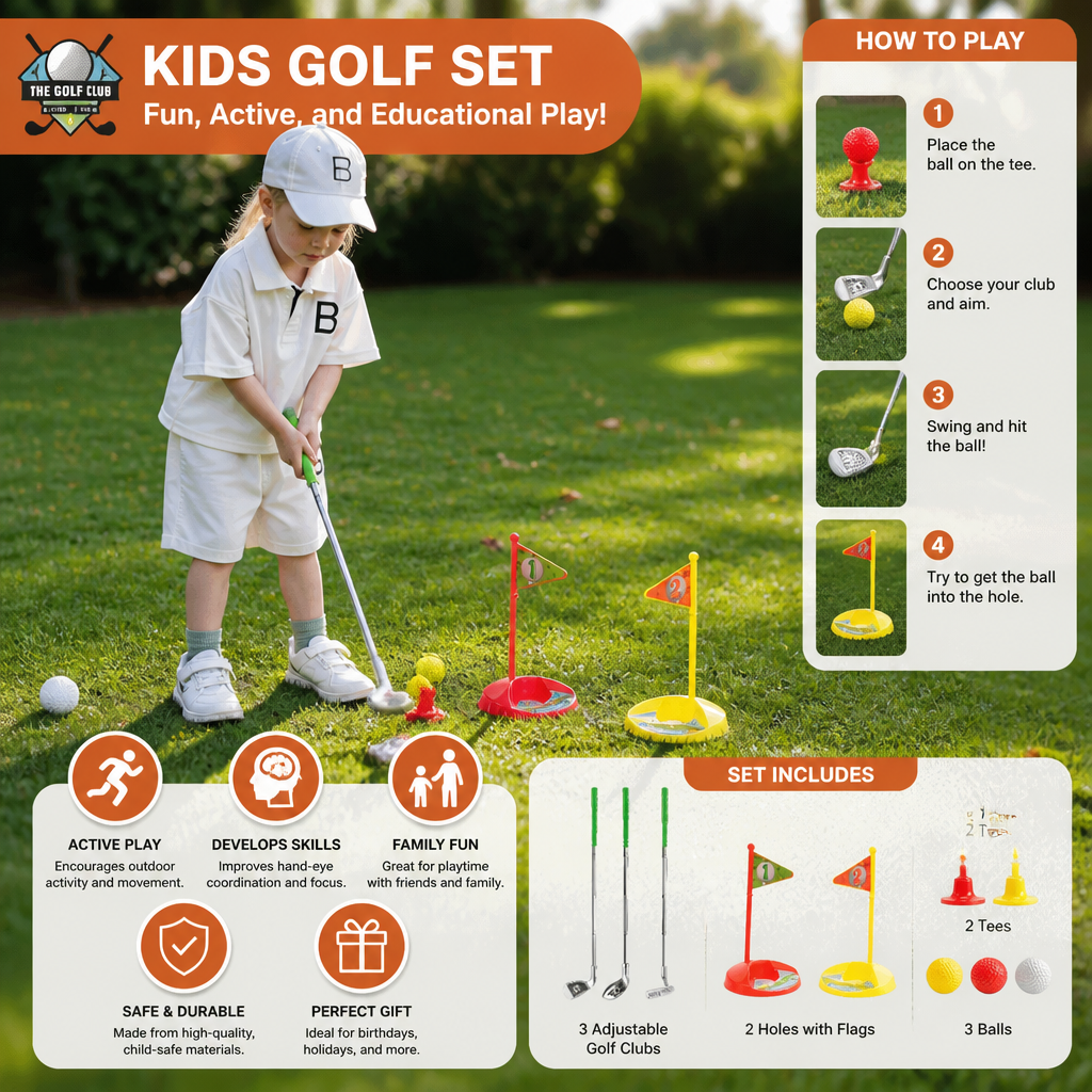 Childrens Adjustable Golf Set with Flag Targets and Balls for Indoor Outdoor Play