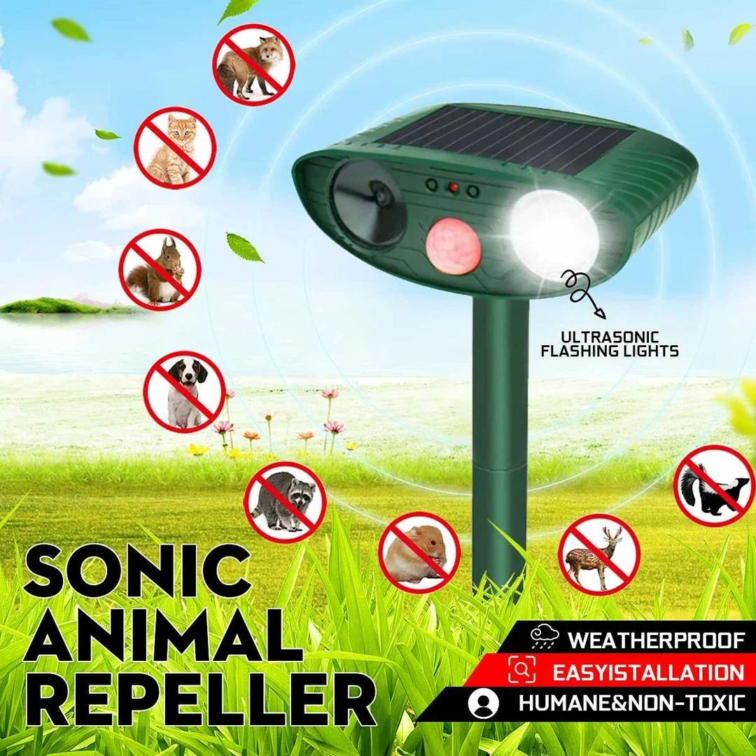 Motion Activated Ultrasonic Animal Repeller with Solar Power and Flashing Light, 30ft Range