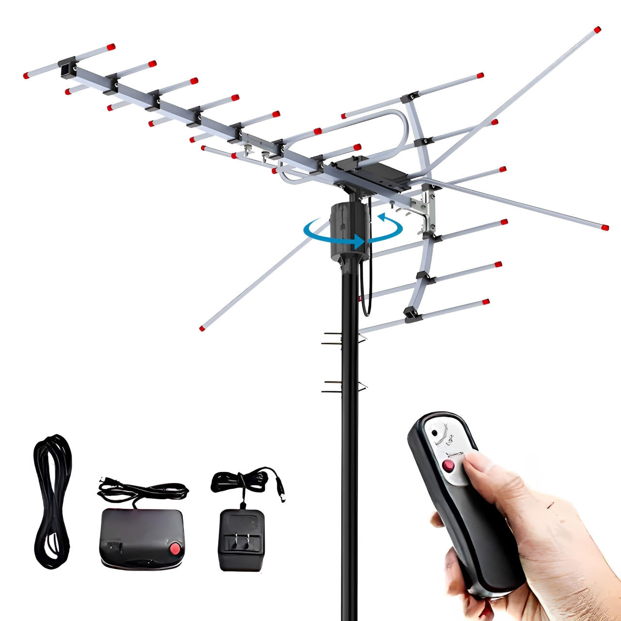 HD TV Antenna with Motorized 360 Rotation and Signal Interference Filter for Outdoor Use