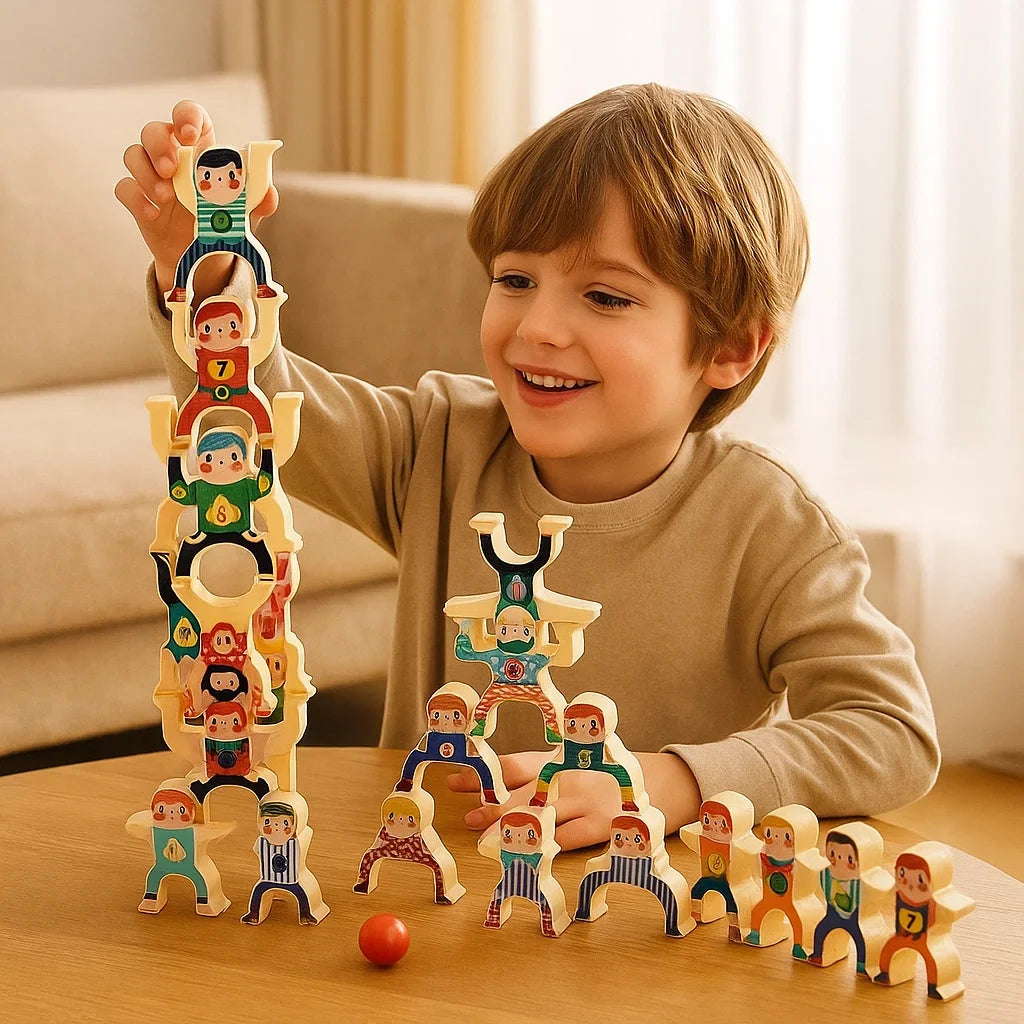 Wooden Stacking Game with Colorful Figures and Rounded Edges for Hand Coordination