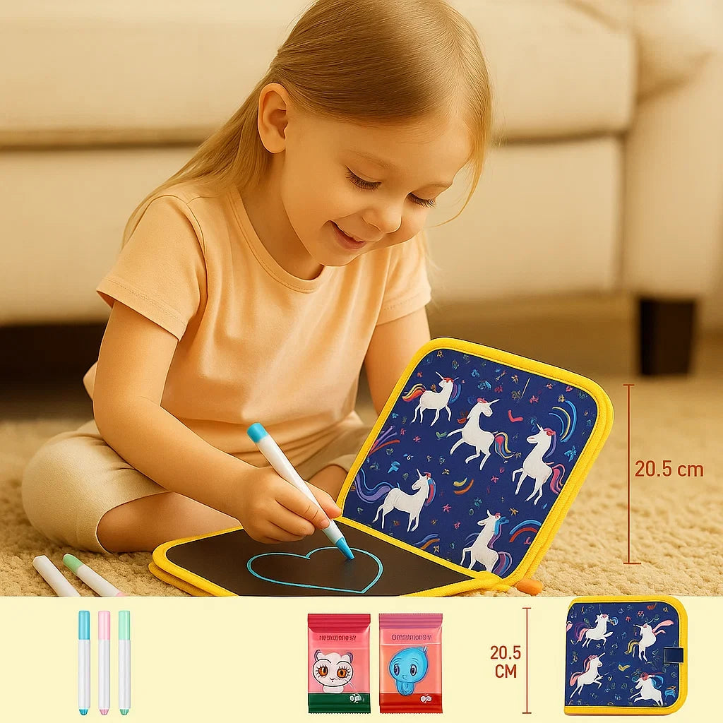 Wipeable Drawing Book with Washable Markers and Flat Binding for Kids