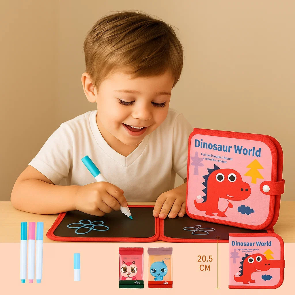 Wipeable Drawing Book with Washable Markers and Flat Binding for Kids