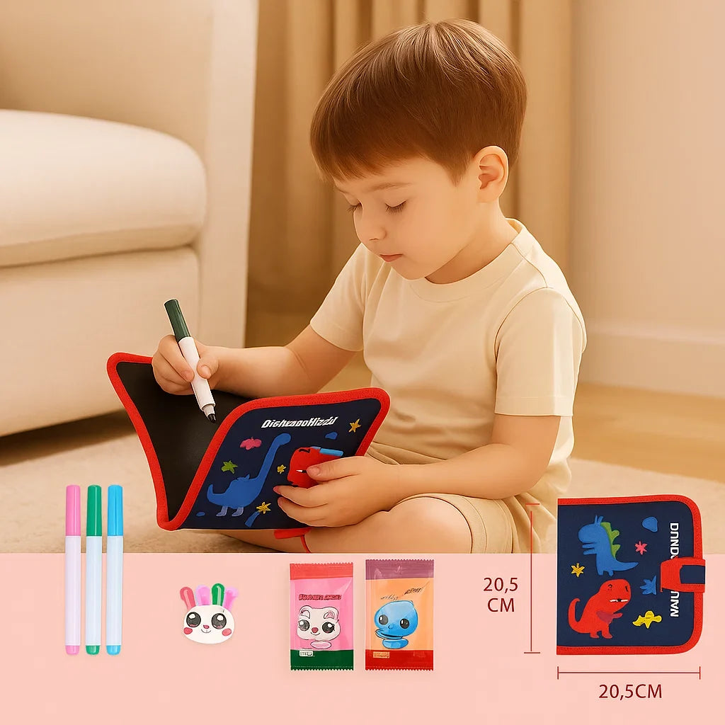Wipeable Drawing Book with Washable Markers and Flat Binding for Kids