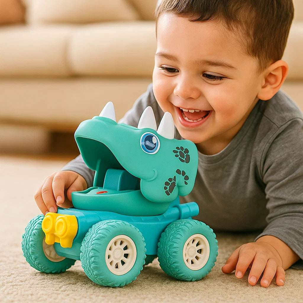 Push and Go Dino Monster Truck Toy with Sturdy Wheels in Orange, Blue, or Red