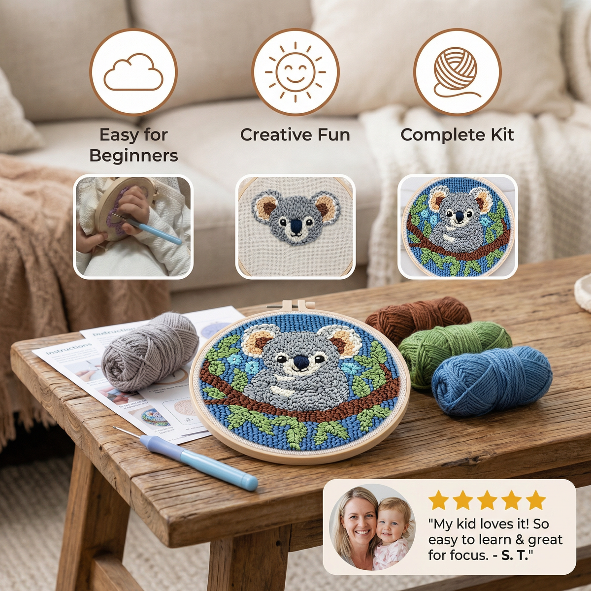 Punch Needle Embroidery Kit with Pre-Printed Fabric and Sorted Yarn for Beginners