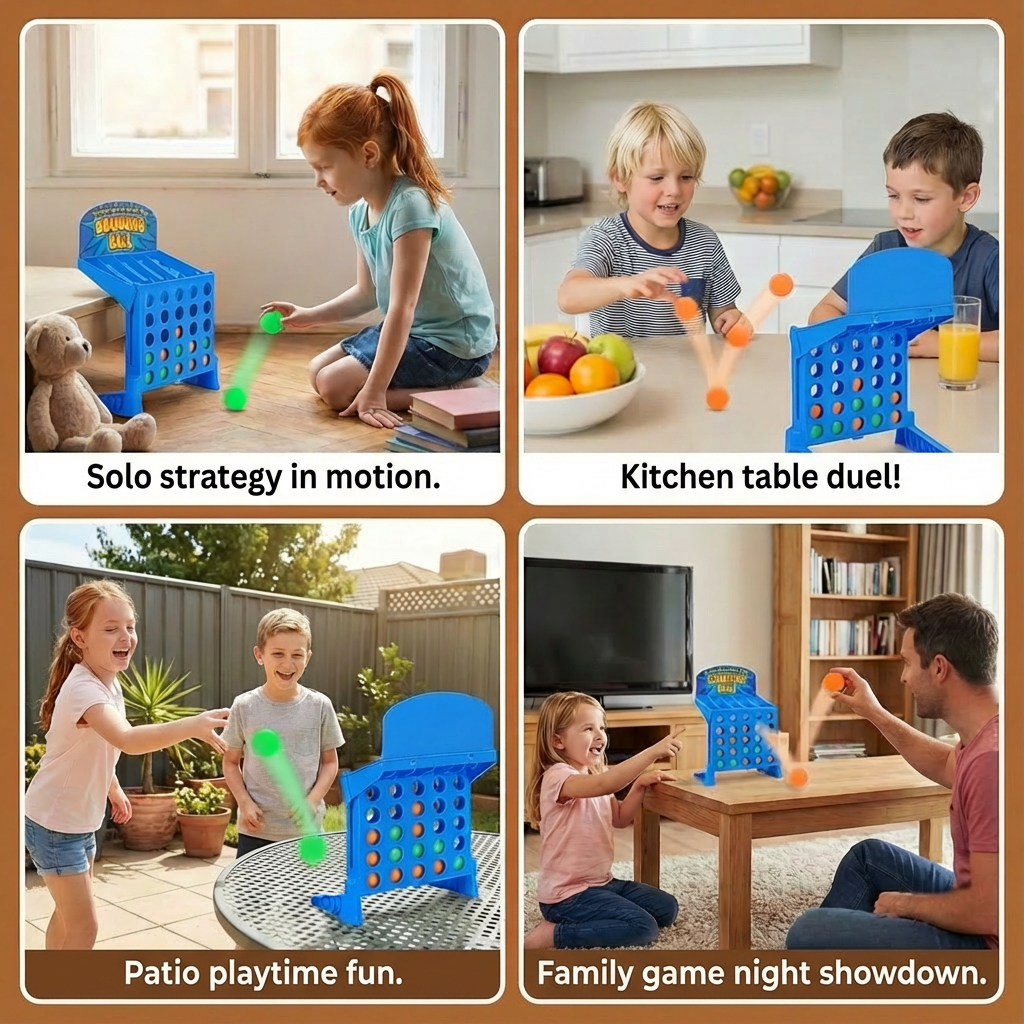 Bouncing Ball Grid Game with Four in a Row Objective and Carrying Case