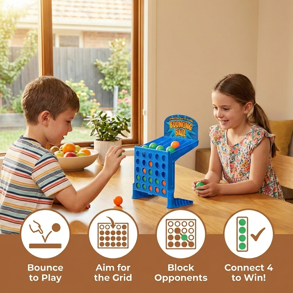 Bouncing Ball Grid Game with Four in a Row Objective and Carrying Case