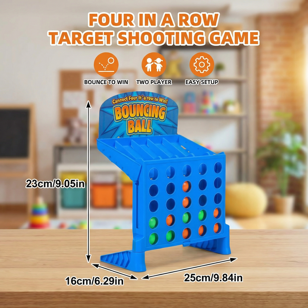 Bouncing Ball Grid Game with Four in a Row Objective and Carrying Case