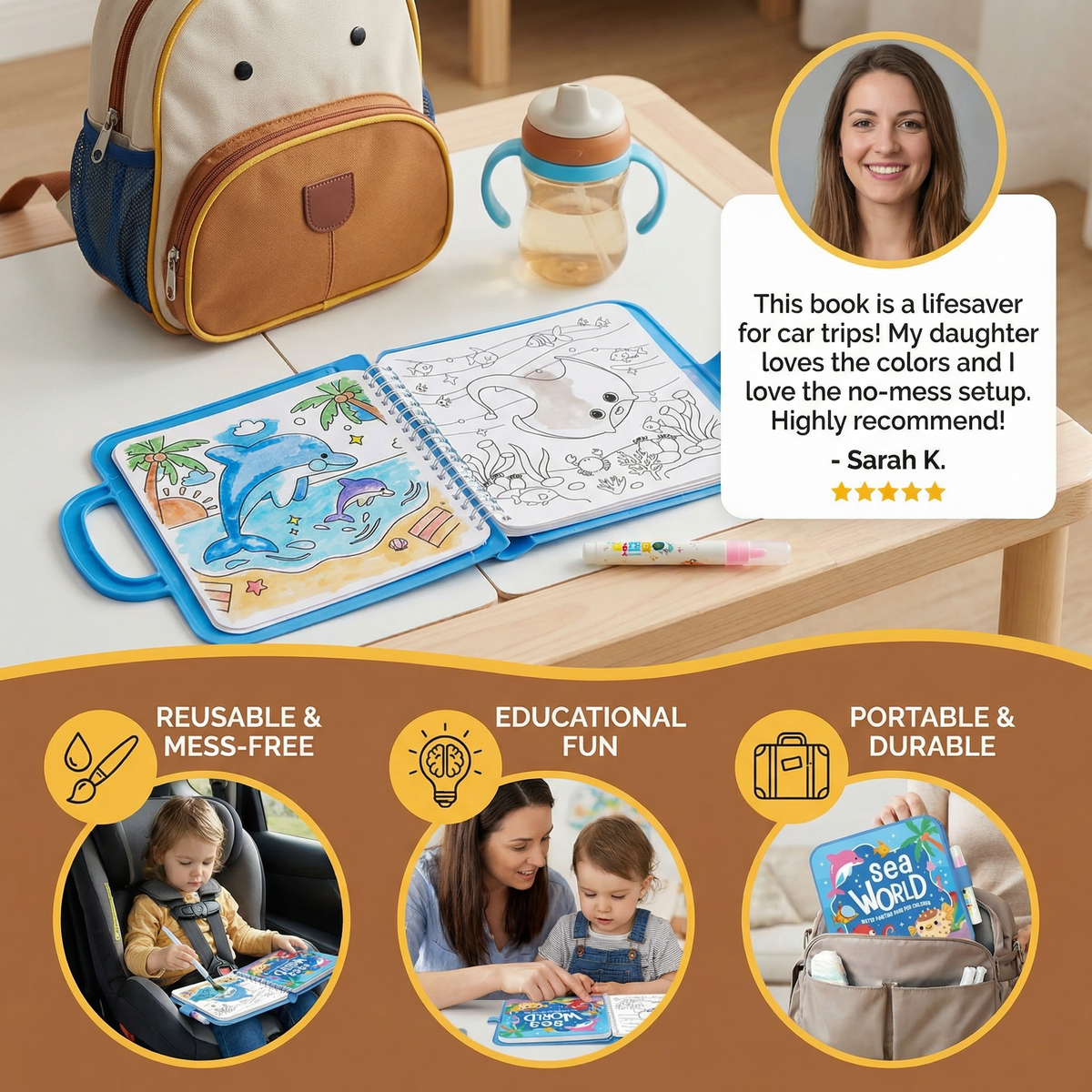 Reusable Magic Water Drawing Book with Water Pen for Mess Free Coloring in Four Styles