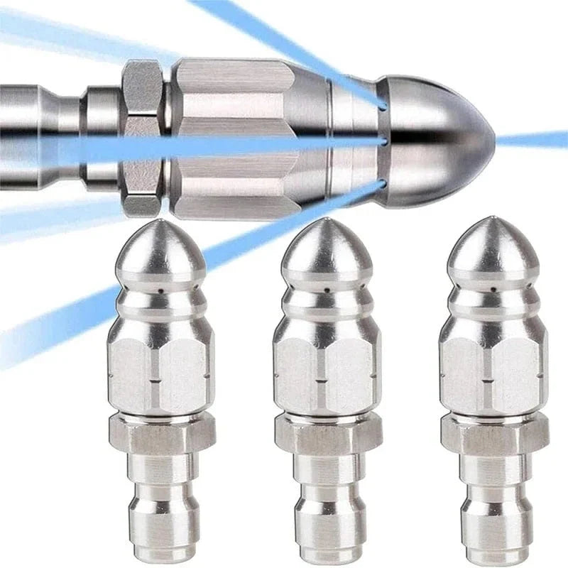 Stainless Steel Sewer Jetter Nozzle with Angled Water Jets and Pointed Tip