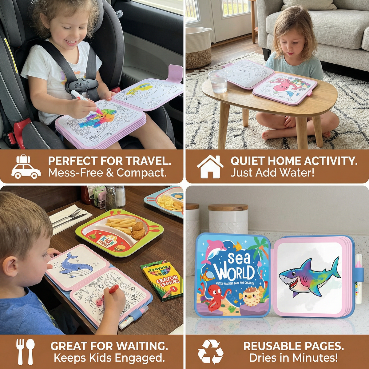 Reusable Magic Water Drawing Book with Water Pen for Mess Free Coloring in Four Styles