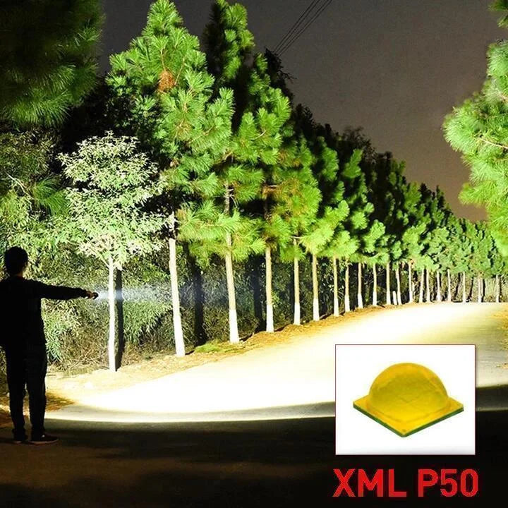 Rechargeable Flashlight with Telescopic Zoom and 90000 Lumen Output for Outdoor Camping