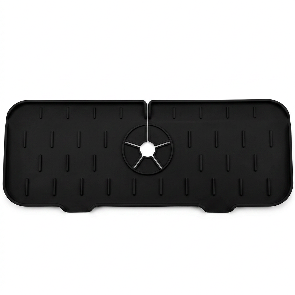 Silicone Sink Splash Mat with Drain Grooves and Storage Space