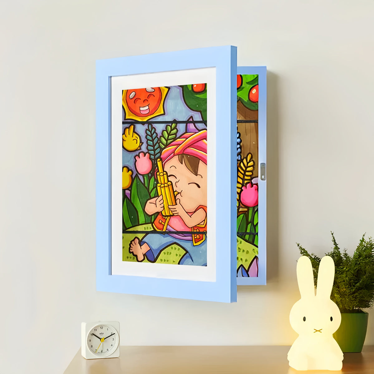 Wall Mount Artwork Display Frame with Magnetic Latch and Storage for 150 Drawings