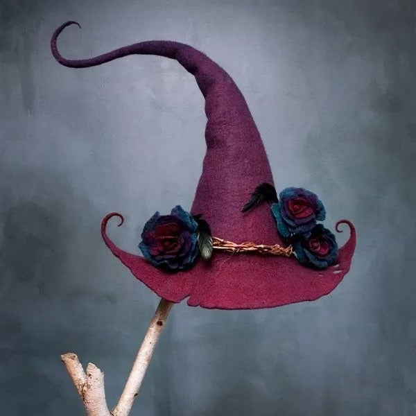 Merino Wool Witch Hat with Hand Dyed Silk Chiffon and Adjustable Fit