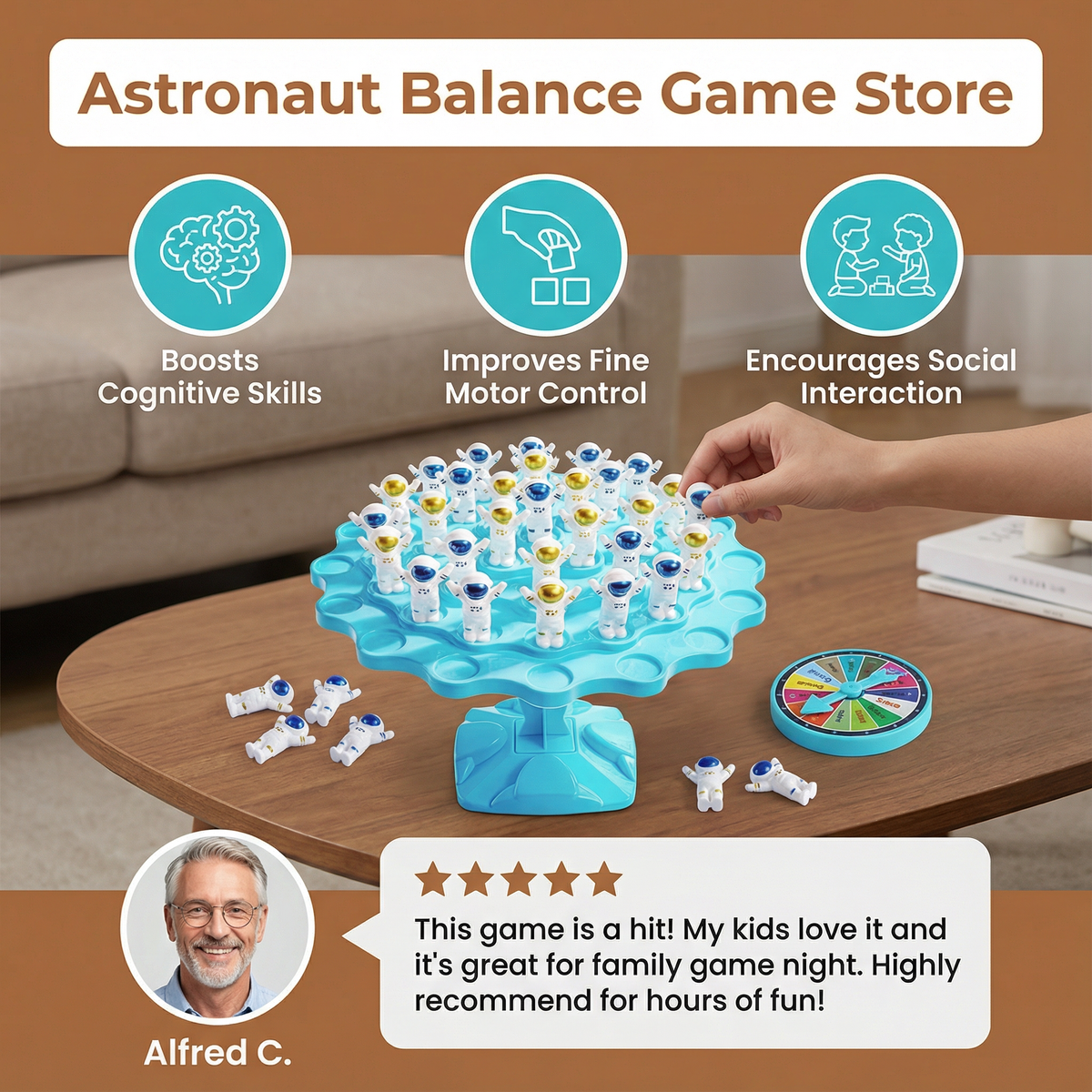 Space Themed Stacking Game with Spinner and Dice for Balance Training