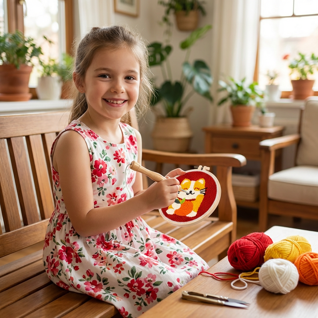 Punch Needle Embroidery Kit with Pre-Printed Fabric and Sorted Yarn for Beginners