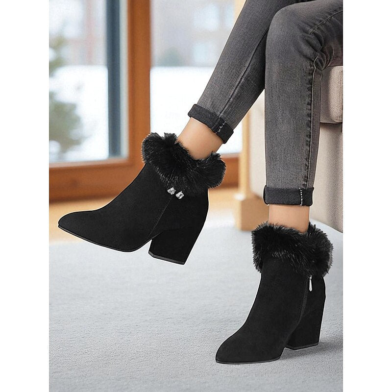Womens Block Heel Ankle Boots with a Plush Collar, Pointed Toe and Side Zip in Brown or Black