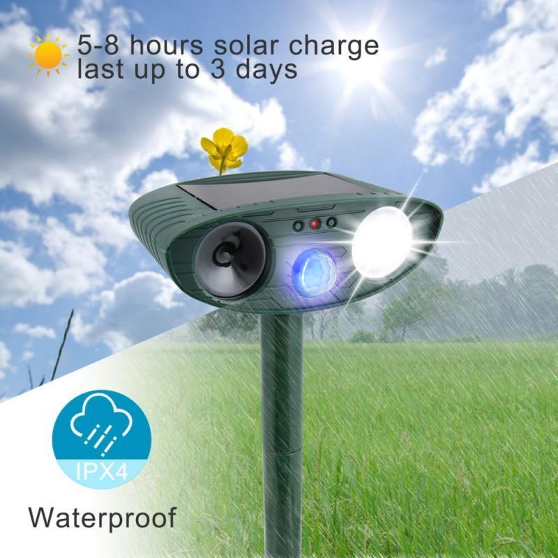 Solar Motion-Activated Animal Repeller with Dual Ultrasonic Speakers and LED Flash, 4-Pack