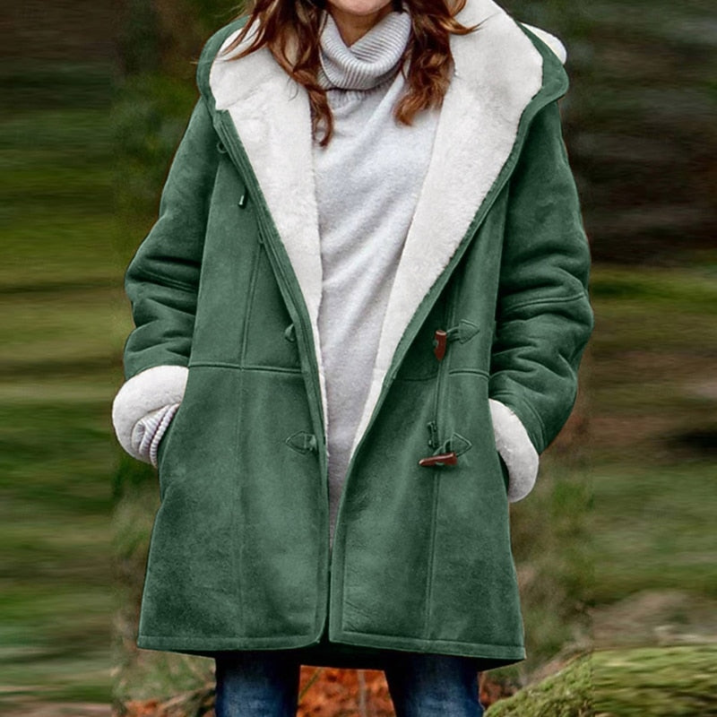 Button Front Hooded Winter Coat with Adjustable Hood and Insulated Fabric