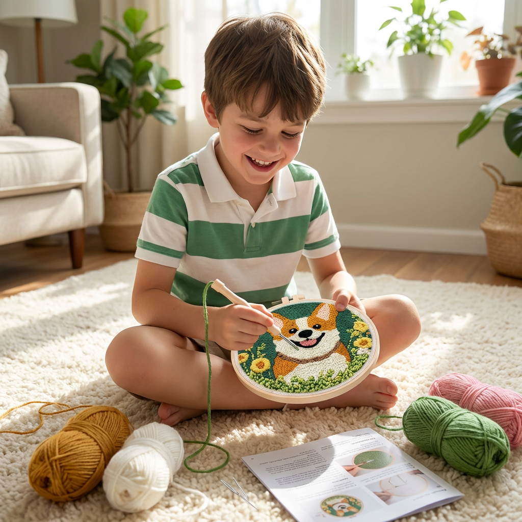 Punch Needle Embroidery Kit with Pre-Printed Fabric and Sorted Yarn for Beginners