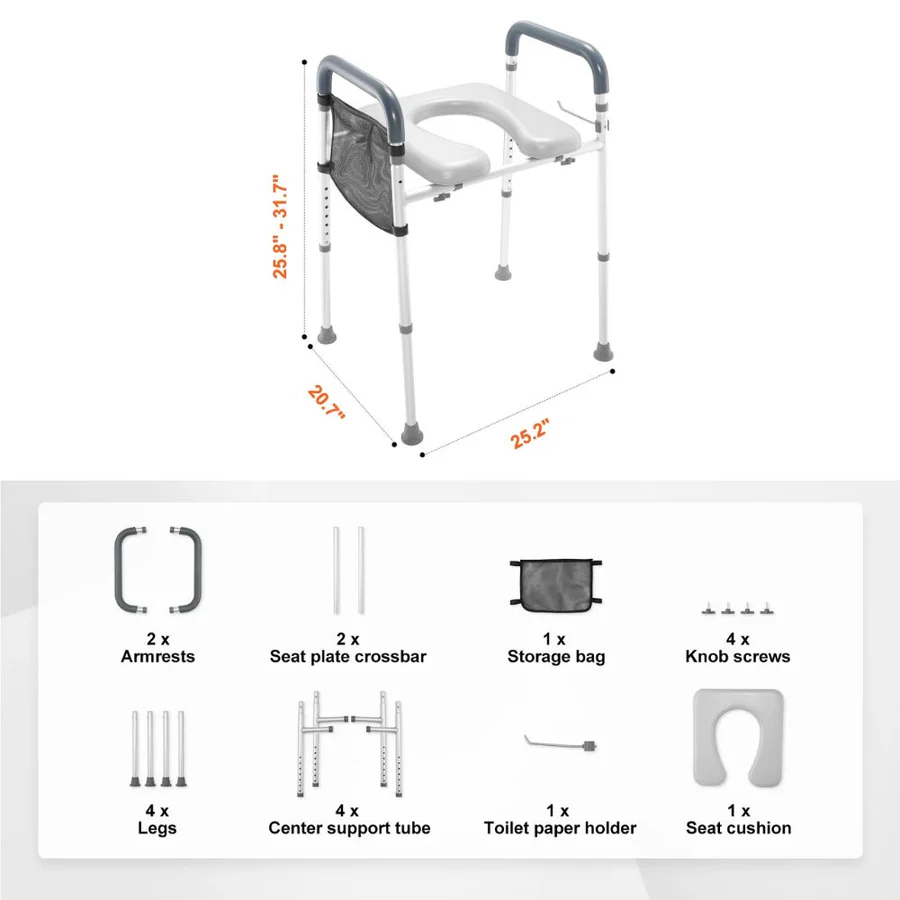 Adjustable Height Raised Toilet Seat Frame with Padded Armrests and Aluminum Body