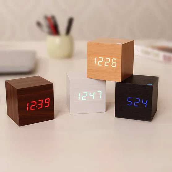 LED Wood Block Clock with Dual Power and Alarm Function