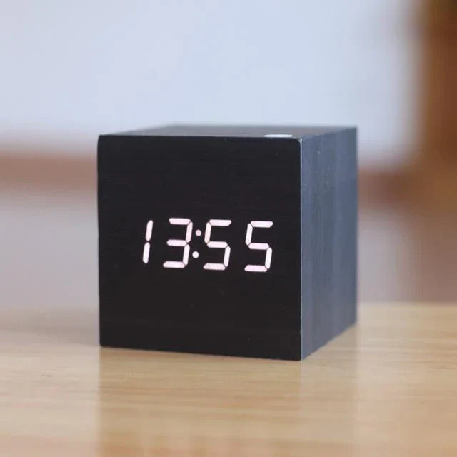 LED Wood Block Clock with Dual Power and Alarm Function