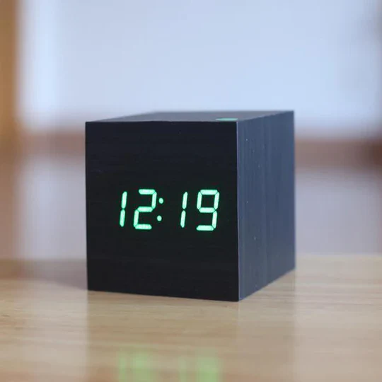 LED Wood Block Clock with Dual Power and Alarm Function