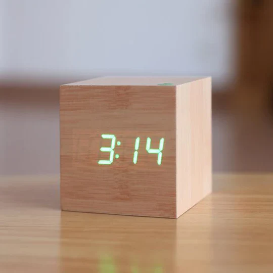LED Wood Block Clock with Dual Power and Alarm Function