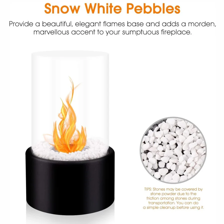 Tabletop Ethanol Fireplace with Glass Cylinder and Decorative Stones