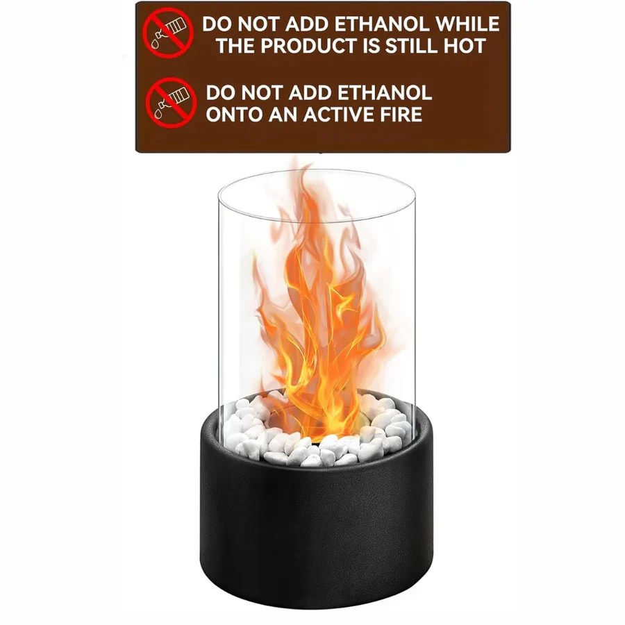 Tabletop Ethanol Fireplace with Glass Cylinder and Decorative Stones