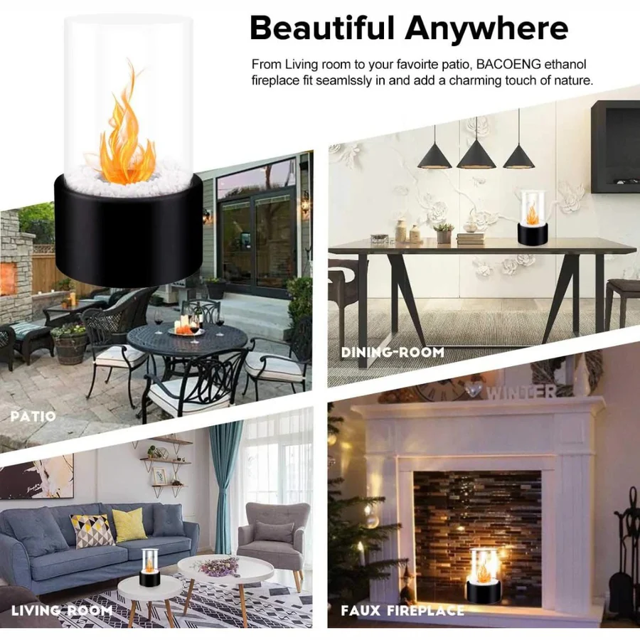 Tabletop Ethanol Fireplace with Glass Cylinder and Decorative Stones