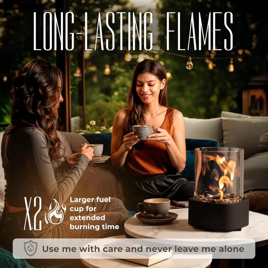 Tabletop Ethanol Fireplace with Glass Cylinder and Decorative Stones